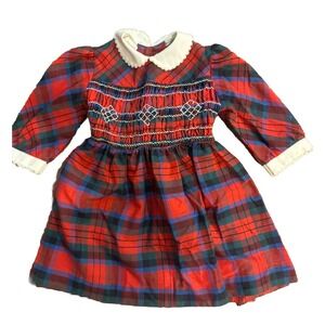 Vtg 70s Polly Flinders Hand Smocked Dress Tartan‎  Green Red Blue Plaid 3 4